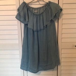 denim off the shoulder ruffle dress